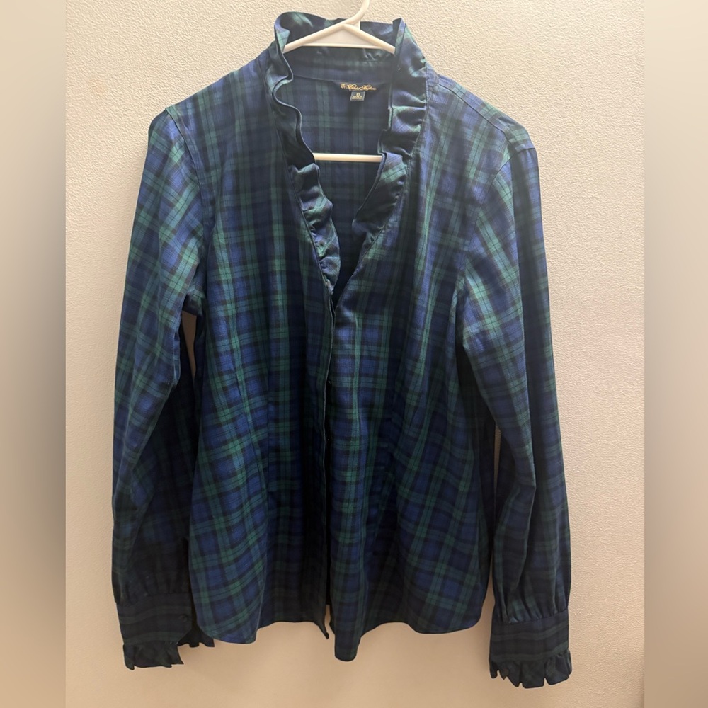 Brooks Brothers Women’s Size 10 Navy/Green Plaid Ruffle Collar Button Down Top